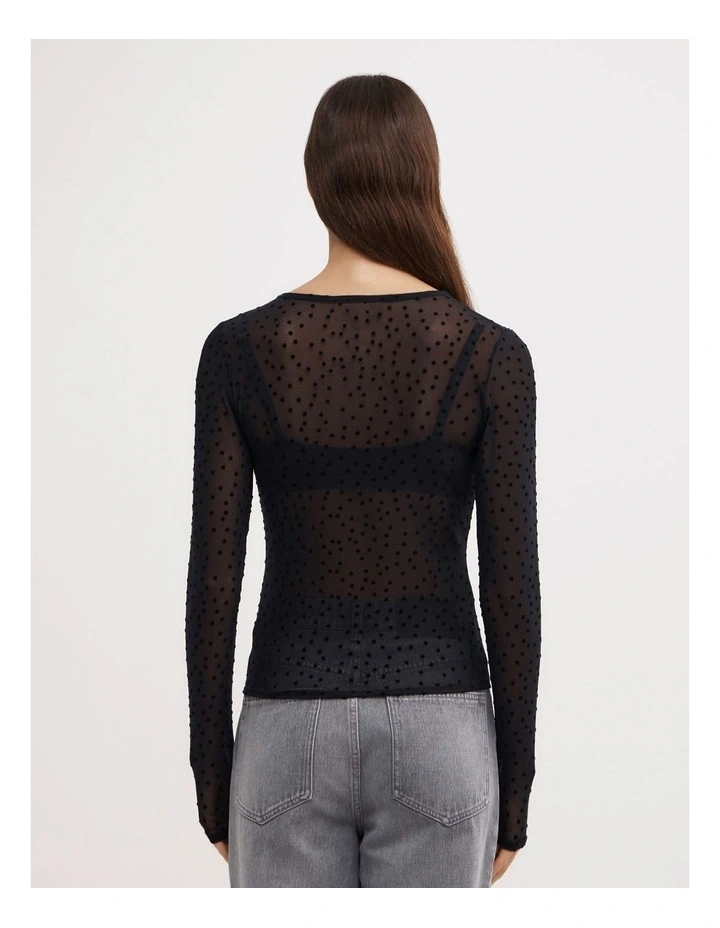 Flocked Spot Long Sleeve Top in Black Spot image 5