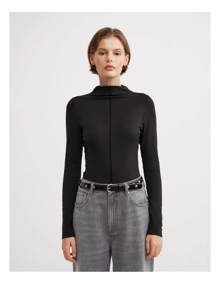 Mock Neck Jersey Top in Black image 1