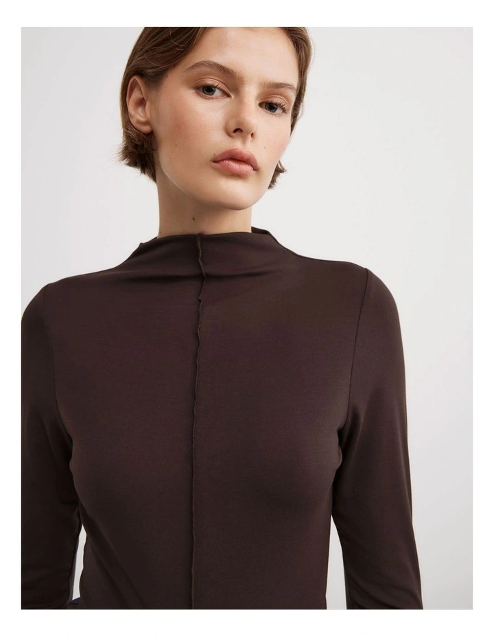 Mock Neck Jersey Top in Espresso image 3