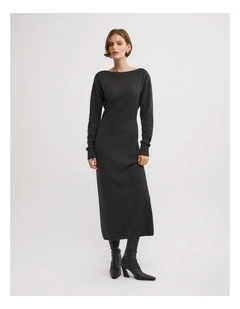 Boat Neck Knit Dress in Charcoal Marle