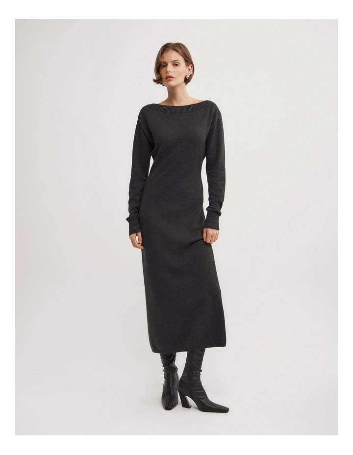 Boat Neck Knit Dress in Charcoal Marle image 1