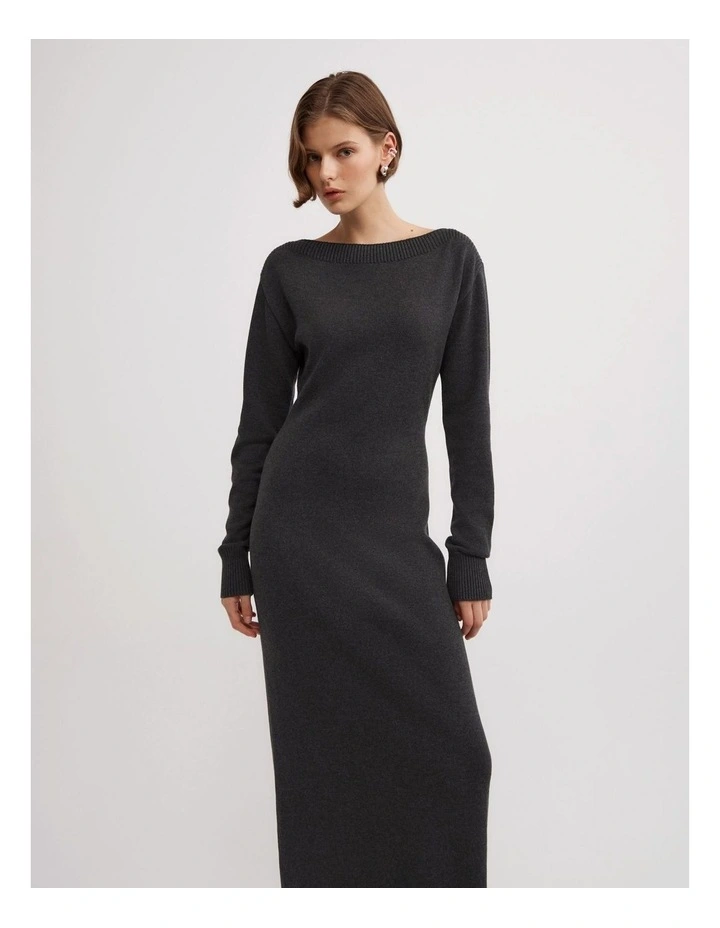 Boat Neck Knit Dress in Charcoal Marle image 2