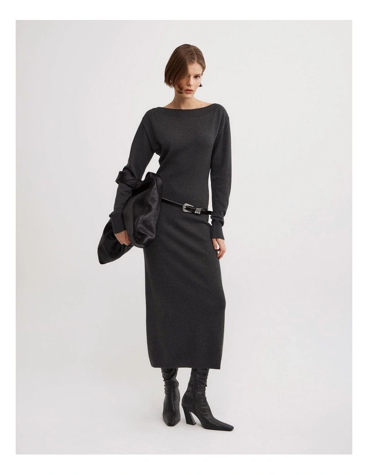 Boat Neck Knit Dress in Charcoal Marle image 3