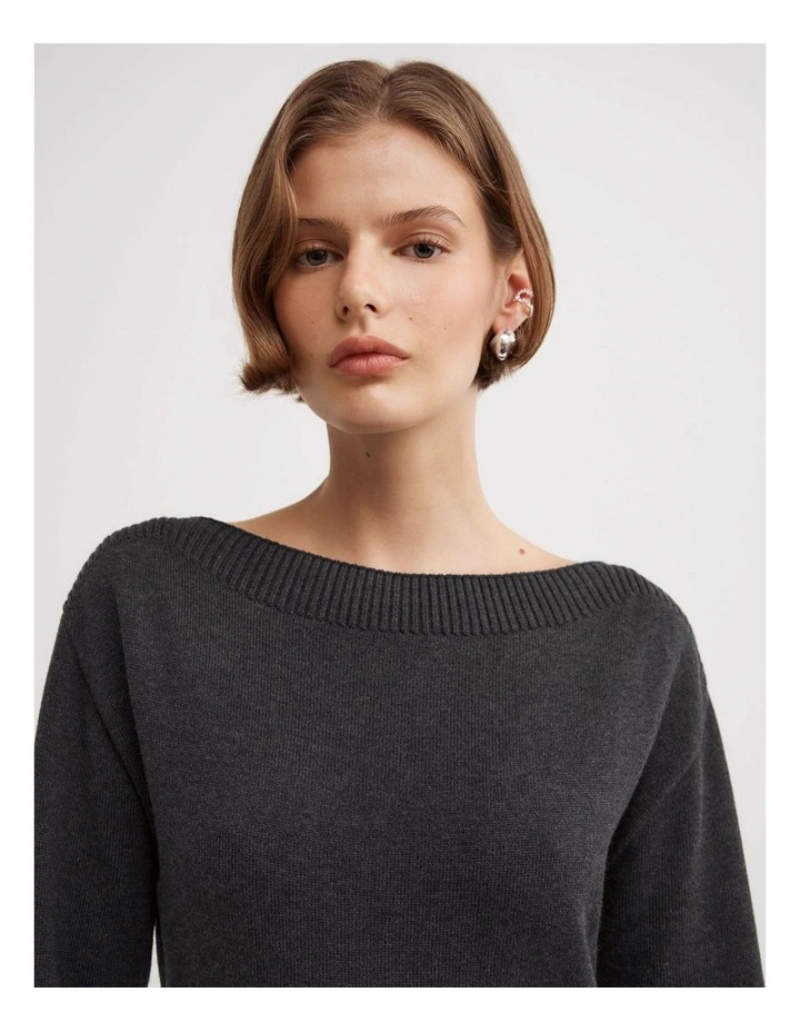 Boat Neck Knit Dress in Charcoal Marle image 4
