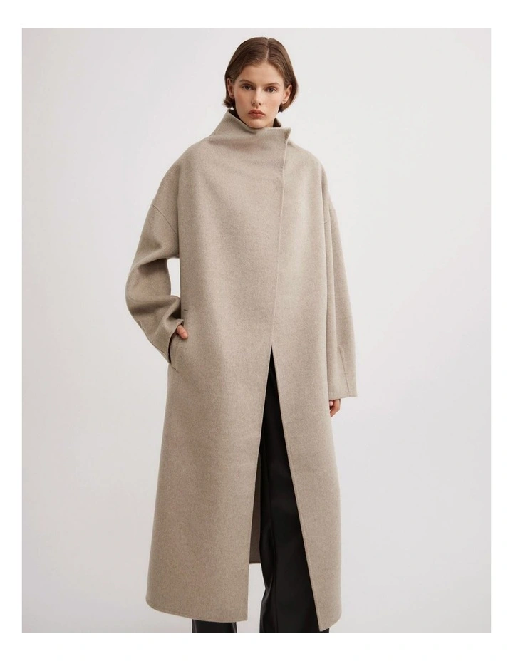 Funnel Wrap Neck Coat in Oat Marle image 2