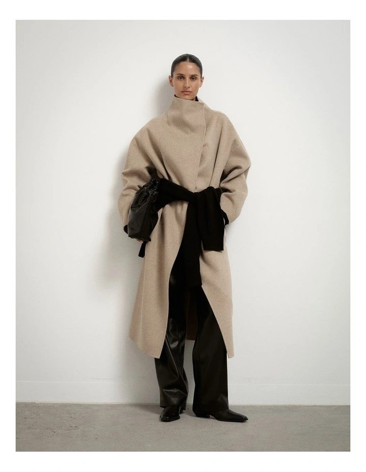 Funnel Wrap Neck Coat in Oat Marle image 6