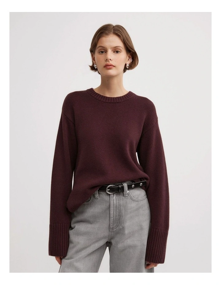 Longline Crew Neck Knit in Aubergine image 1