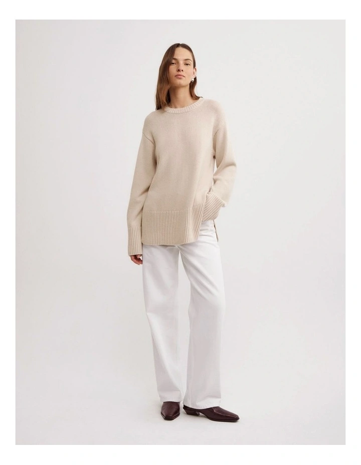 Longline Crew Neck Knit in Oat Marle image 3