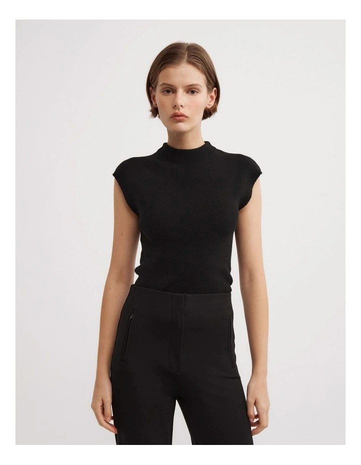 High Neck Knit T-shirt in Black image 1