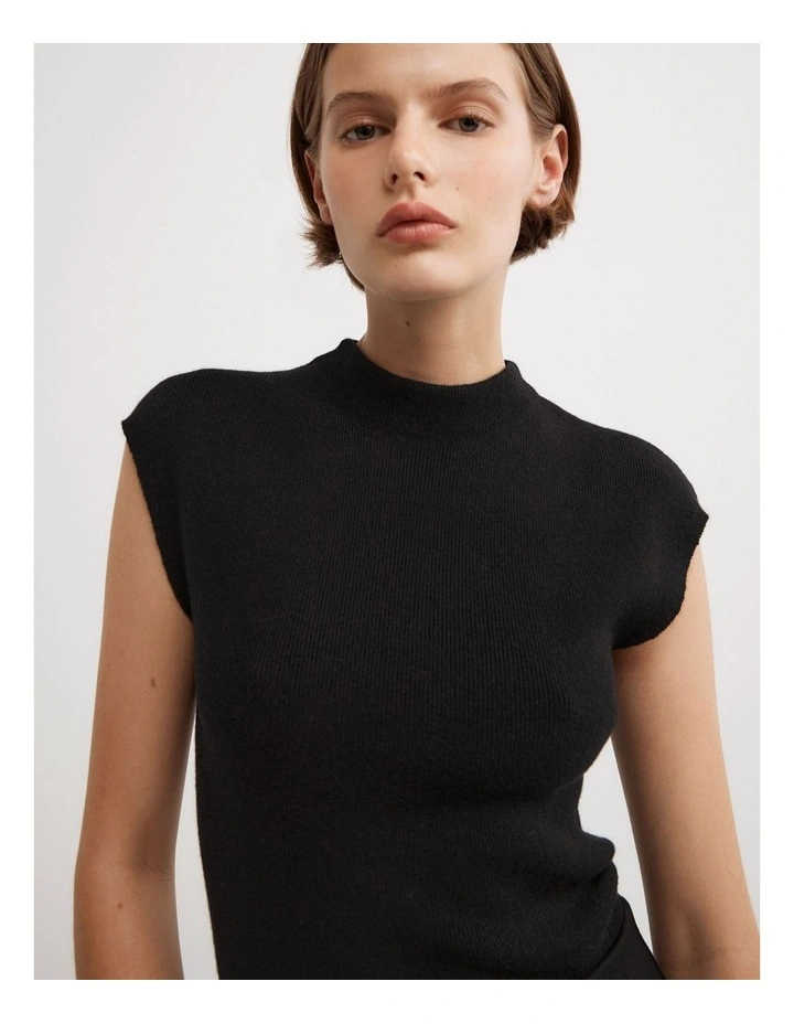 High Neck Knit T-shirt in Black image 4
