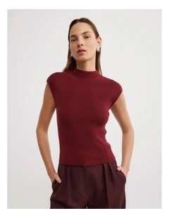 High Neck Knit T-shirt in Oxblood