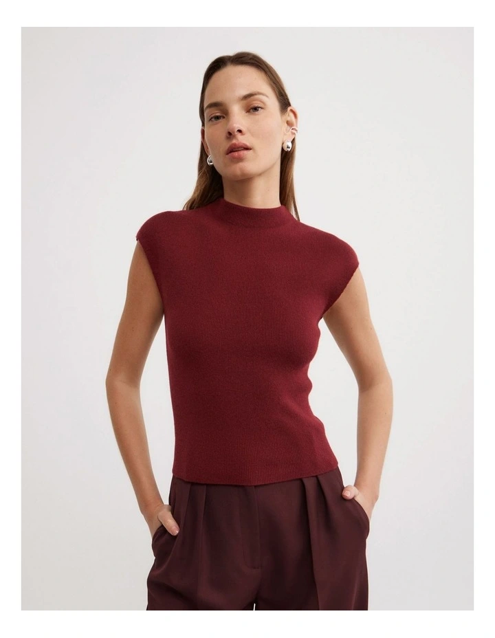 High Neck Knit T-shirt in Oxblood image 1