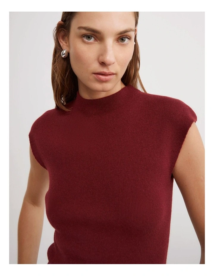 High Neck Knit T-shirt in Oxblood image 3