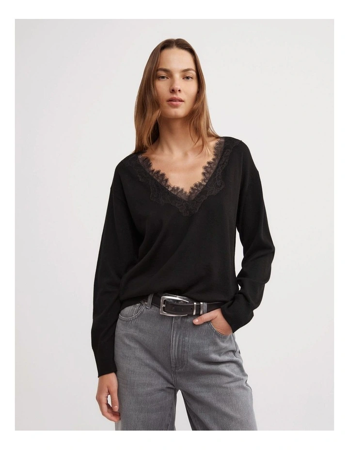 Lace Detail V-neck Knit in Black image 1