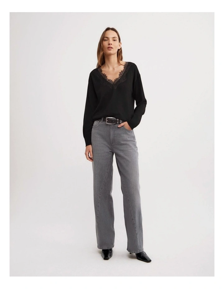 Lace Detail V-neck Knit in Black image 2