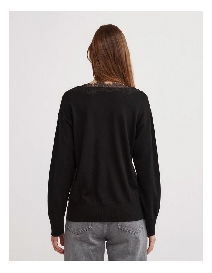Lace Detail V-neck Knit in Black image 5