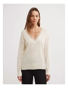 Lace Detail V-neck Knit in Chalk