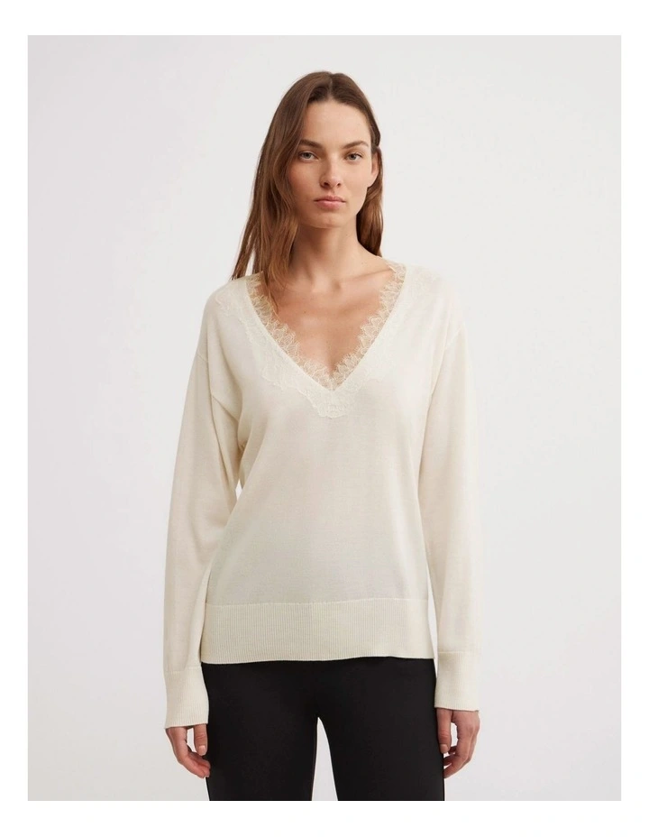 Lace Detail V-neck Knit in Chalk image 1