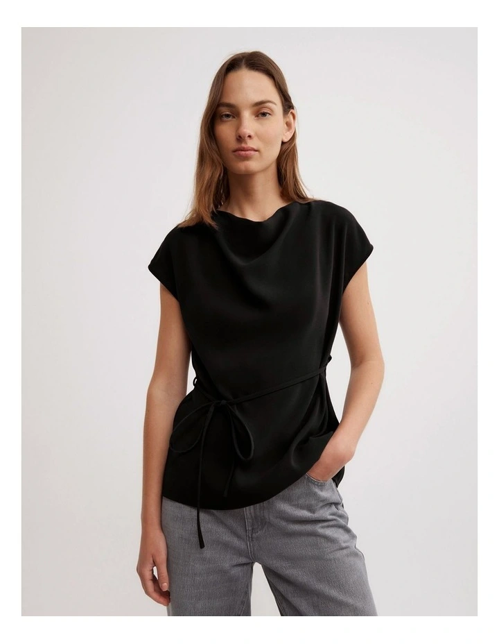 Cowl Tie Belt Top in Black image 1
