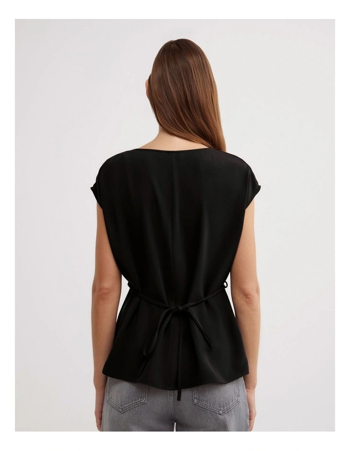 Cowl Tie Belt Top in Black image 2