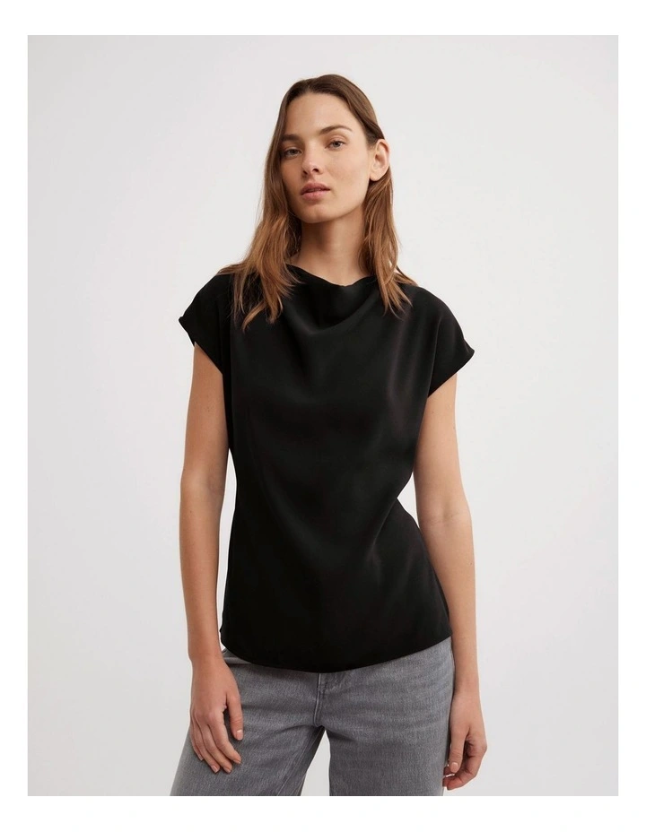 Cowl Tie Belt Top in Black image 3
