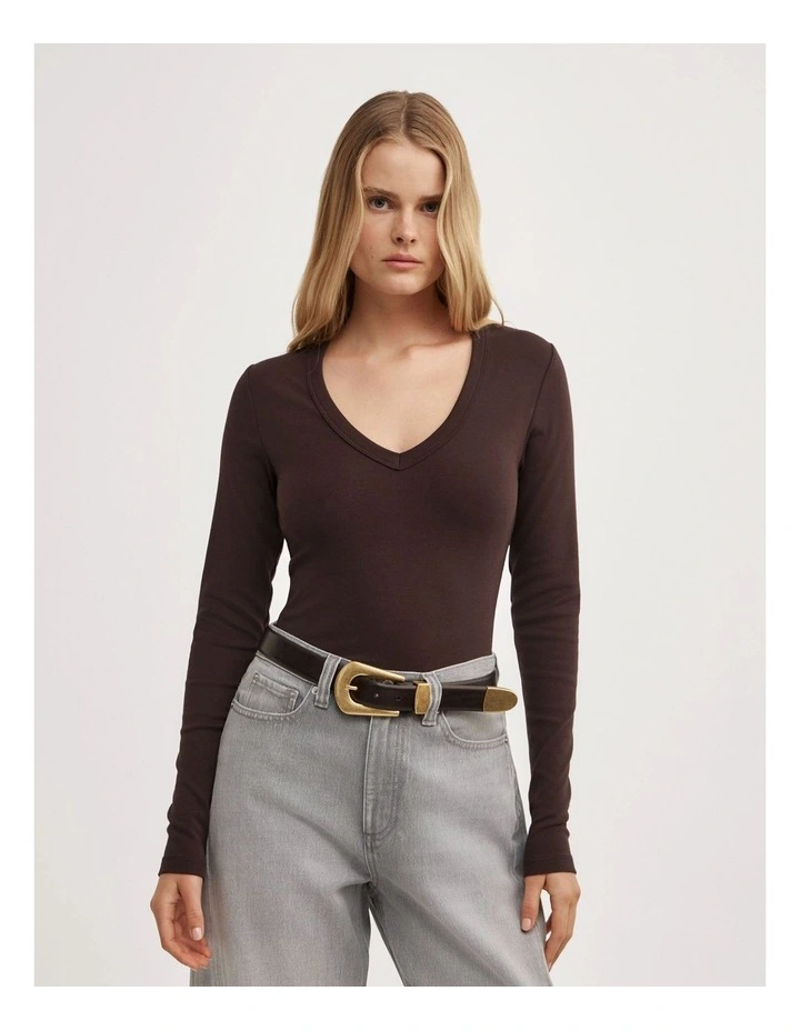 V-neck Long Sleeve Top in Espresso image 1