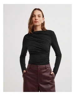 Draped Jersey Long Sleeve Top in Black