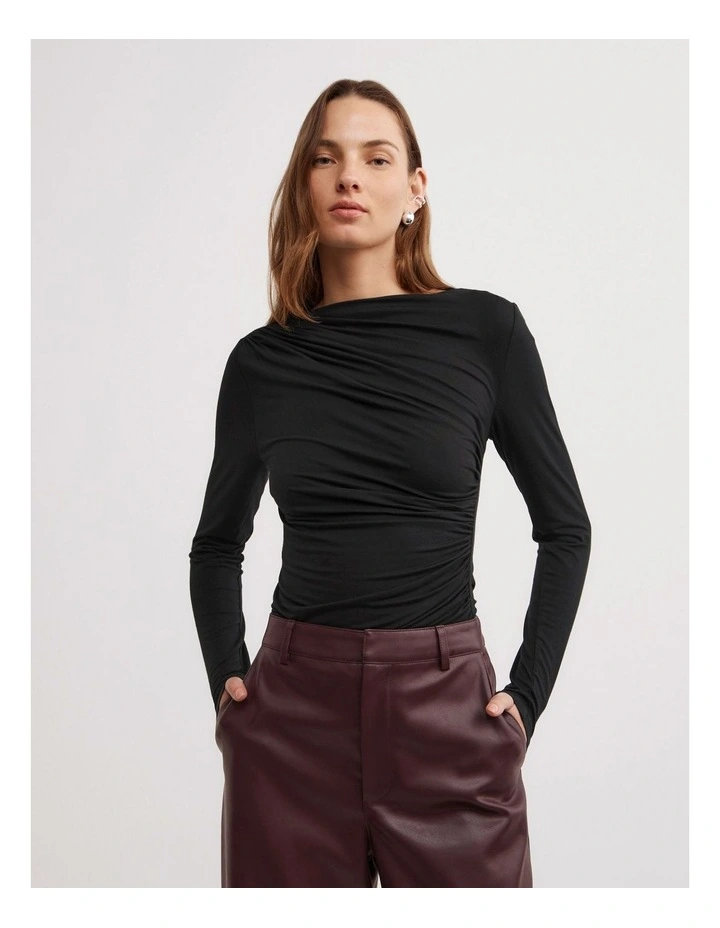 Draped Jersey Long Sleeve Top in Black image 1