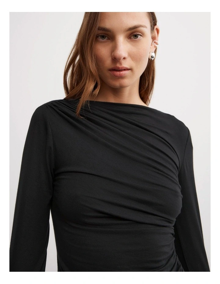 Draped Jersey Long Sleeve Top in Black image 3