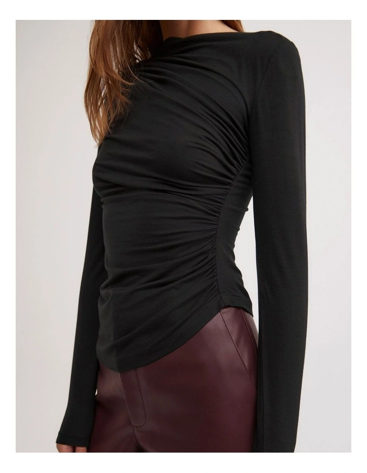 Draped Jersey Long Sleeve Top in Black image 4