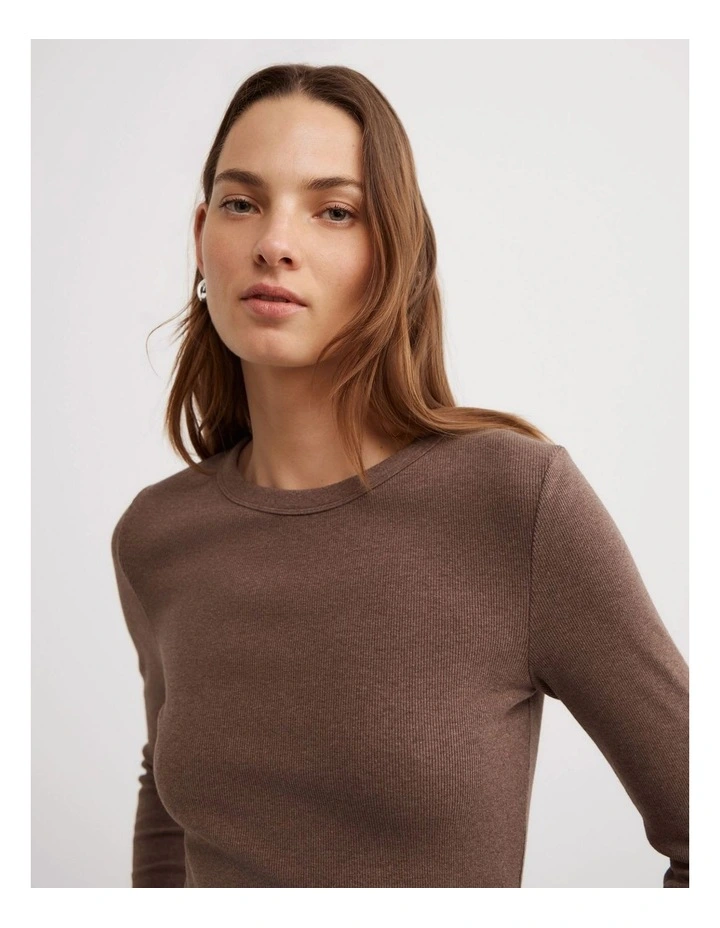 Crew Rib Long Sleeve Top in Dark Truffle Marle image 3
