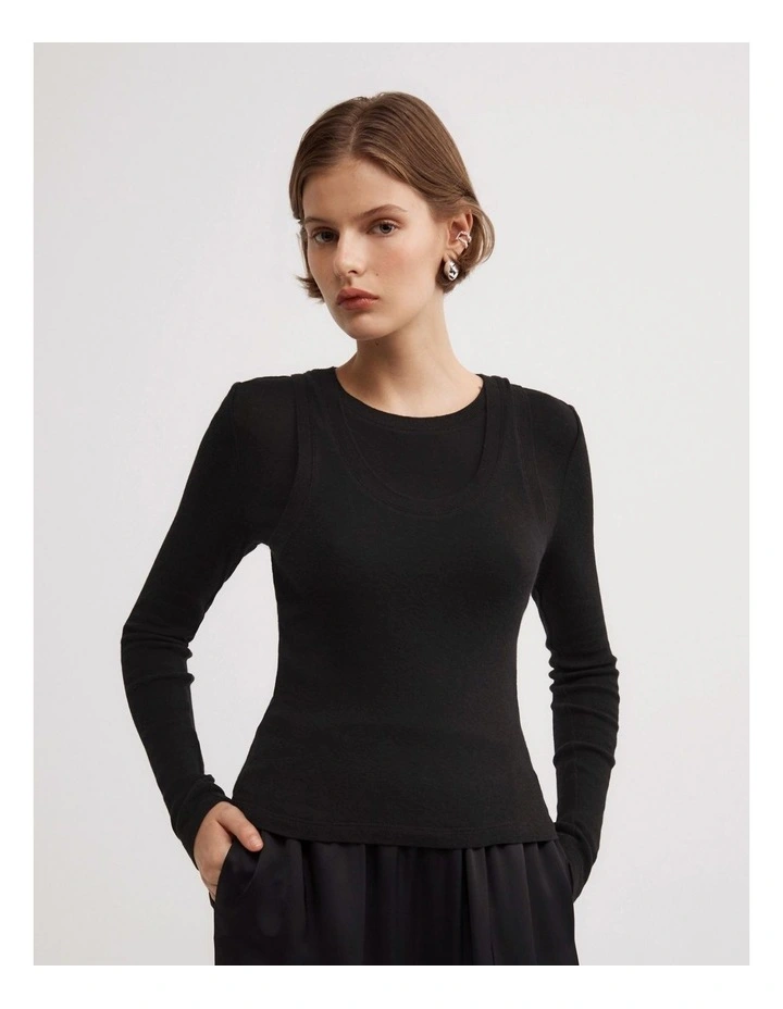 Long Sleeve Overlay Top in Black image 1