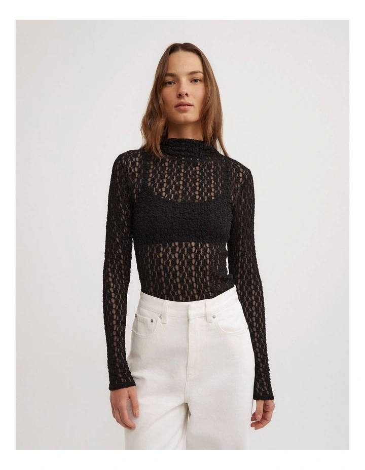 Textured Long Sleeve Top in Black image 1