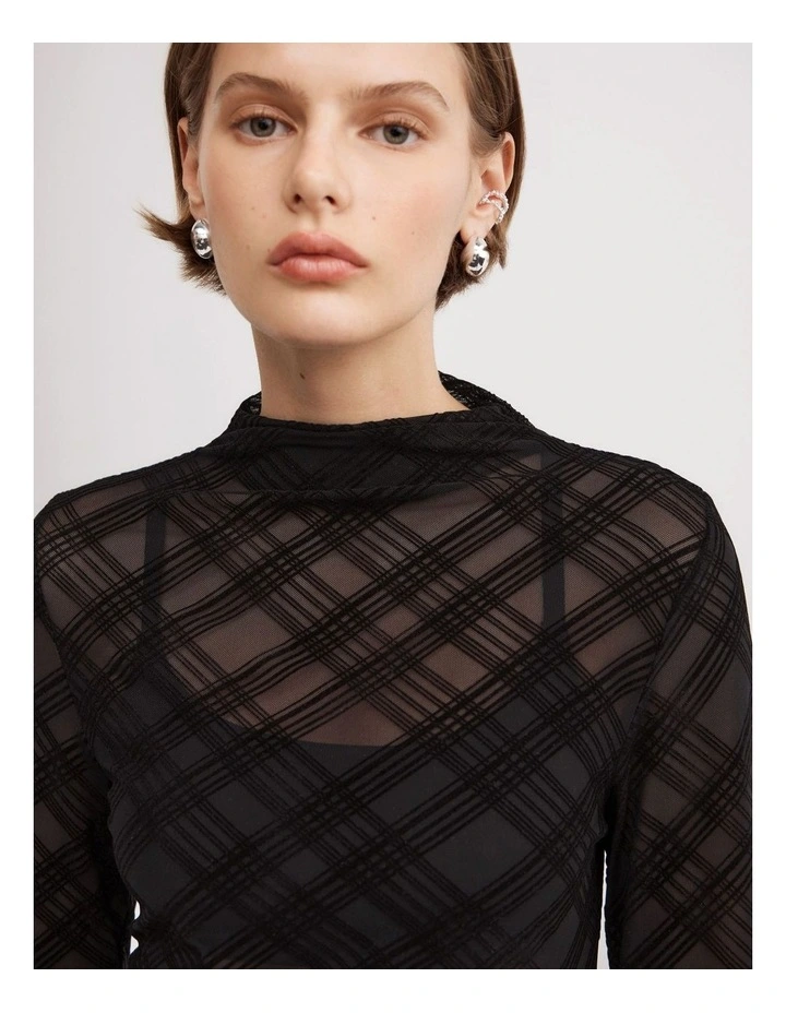 Flocked Mesh Top in Black image 3