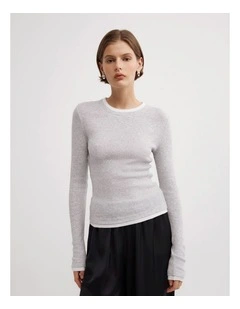 Contrast Trim Long Sleeve Top in Light Grey Marle