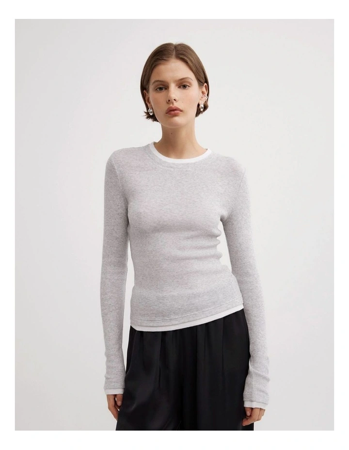 Contrast Trim Long Sleeve Top in Light Grey Marle image 1