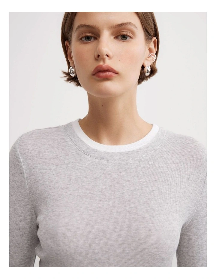 Contrast Trim Long Sleeve Top in Light Grey Marle image 3