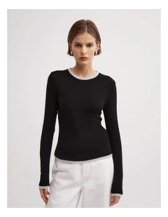 Contrast Trim Long Sleeve Top in Black Multi