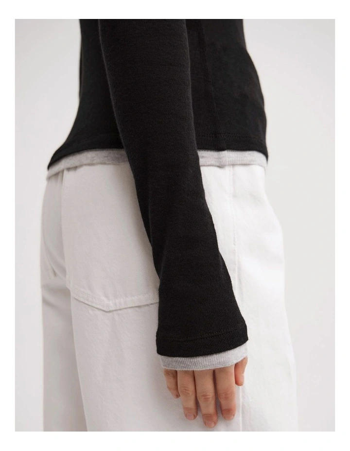 Contrast Trim Long Sleeve Top in Black Multi image 4