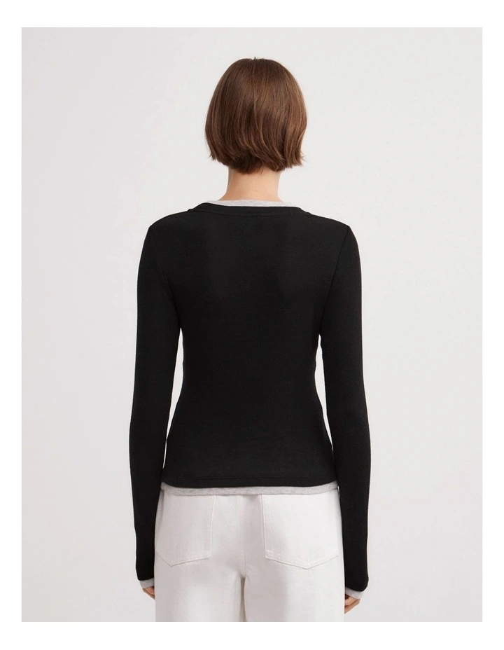 Contrast Trim Long Sleeve Top in Black Multi image 5