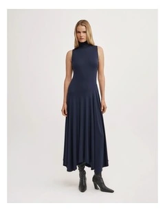 High Neck Asymmetric Dress in Navy