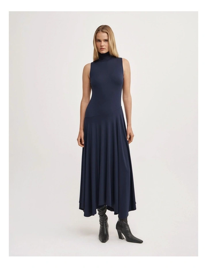 High Neck Asymmetric Dress in Navy image 1