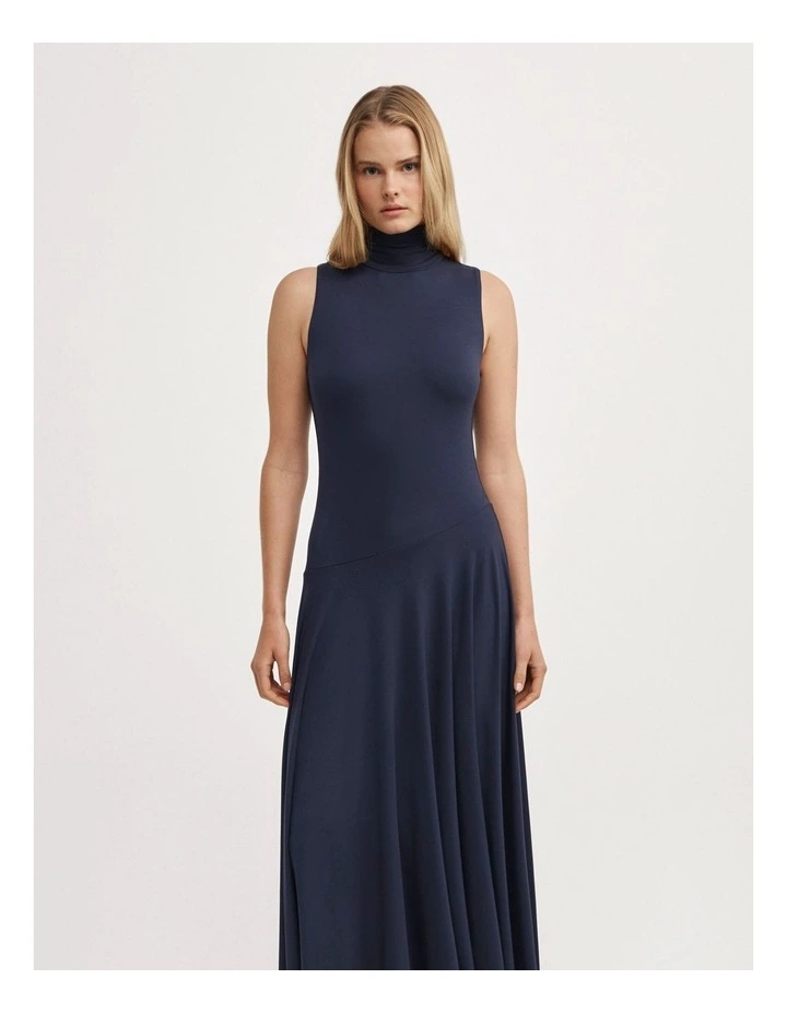 High Neck Asymmetric Dress in Navy image 2