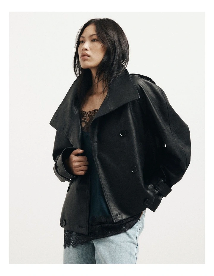 Funnel Neck Trench Coat in Black image 1