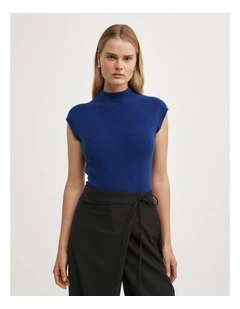 High Neck Knit T-shirt in Royal Blue