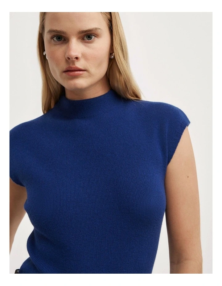 High Neck Knit T-shirt in Royal Blue image 3