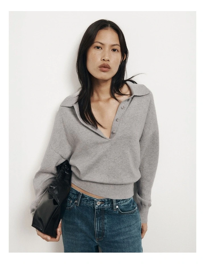 Collared Knit Polo in Light Grey Marle image 2