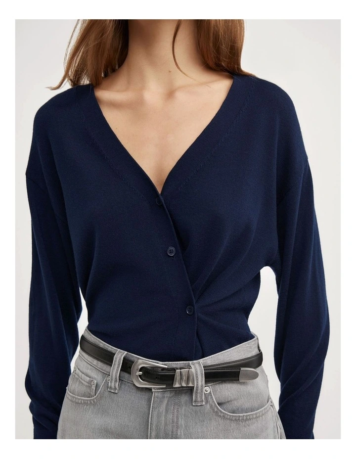 Asymmetric Wrap Knit Cardi in Navy image 3