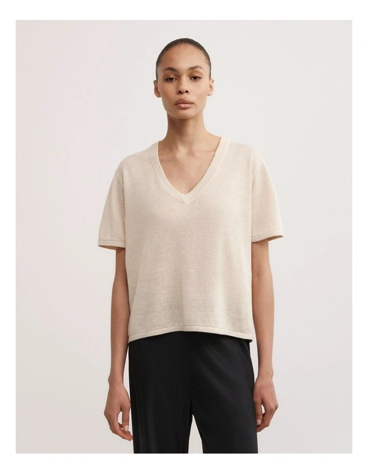Linen V-neck Knit T-shirt in Sand image 1