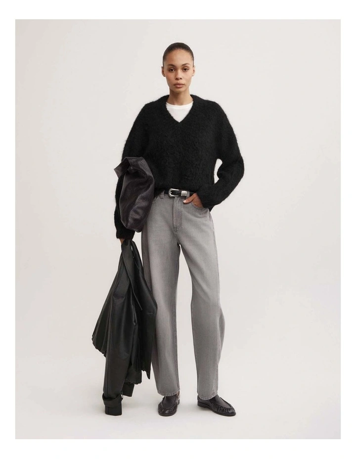 High V-neck Fluffy Knit in Black image 2